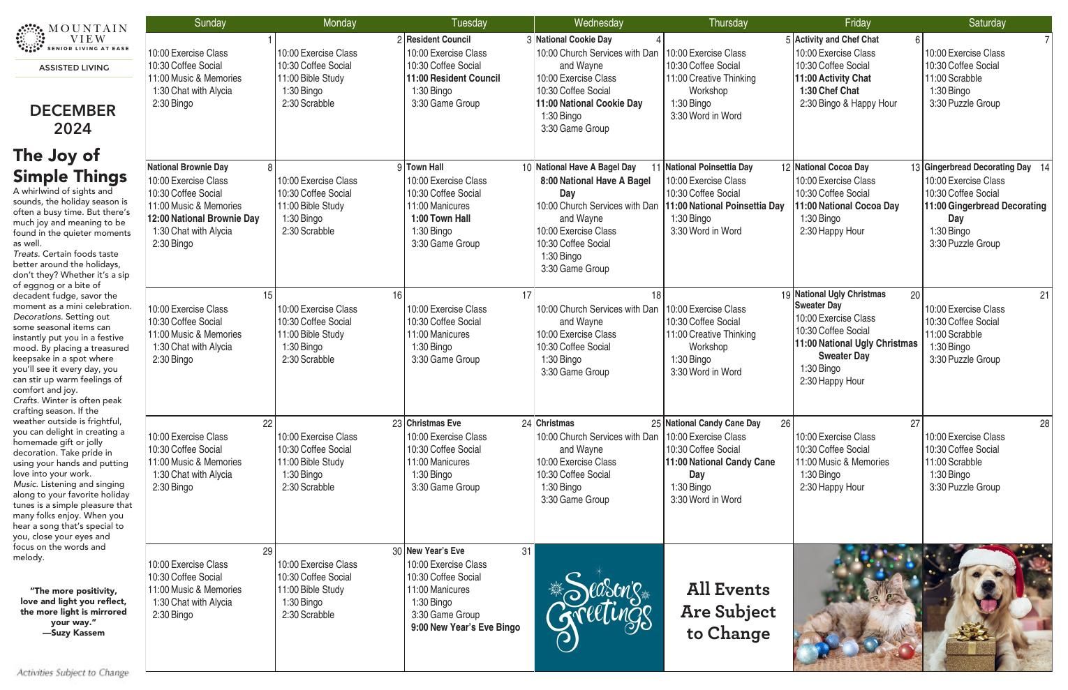 Assisted Living Event Calendar